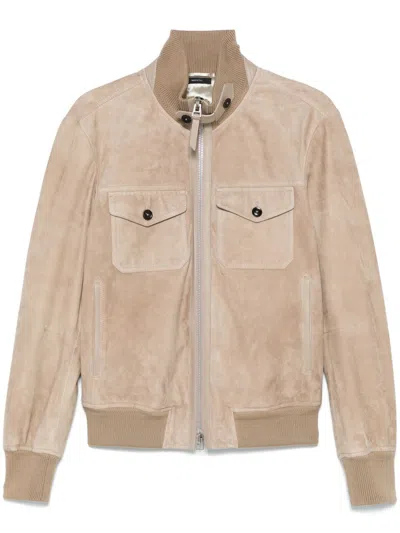 Tom Ford Suede Chest Pocket Bomber Jacket In Beige