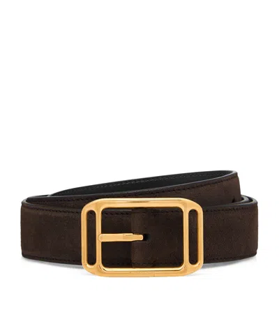 Tom Ford Suede Logo Buckle Belt In Brown