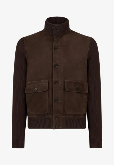 Tom Ford Suede Panel Wool Knit Cardigan In Brown