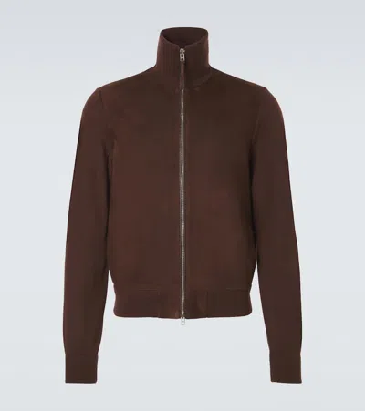 Tom Ford Suede-paneled Wool-blend Zip-up Sweater In Brown