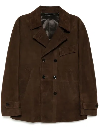 Tom Ford Double-breasted Suede Jacket In Brown