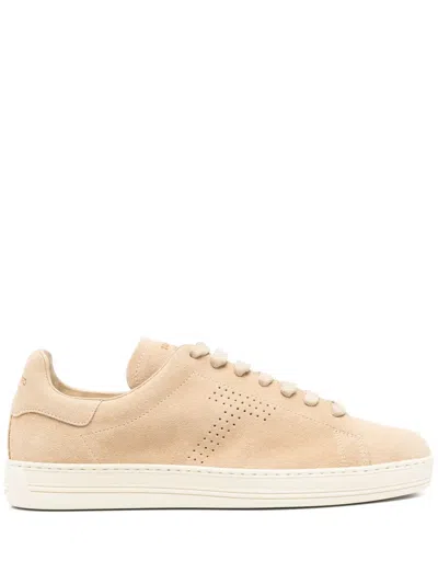 Tom Ford Perforated Suede Lace-up Sneaker With Round Toe In Neutrals