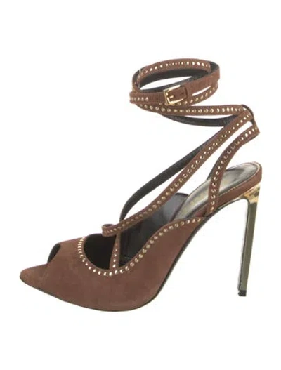 Pre-owned Tom Ford Suede Studded Accents Slingback Sandals In Brown