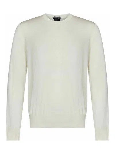 Tom Ford Chalk-colored Cotton Knit Crewneck Sweater In White