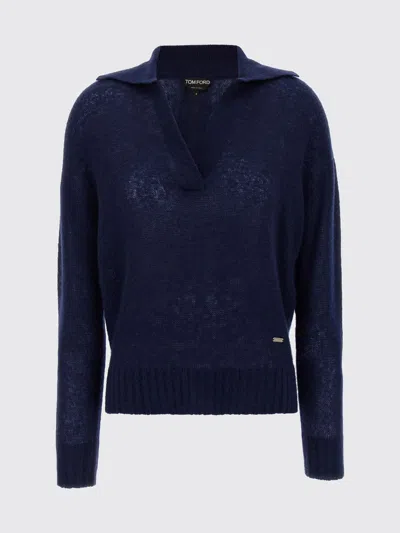 Tom Ford V Neck Long Sleeve Ribbed Hem Polo In Blue