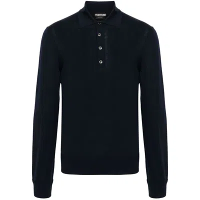 Tom Ford Merino Wool Fine-knit Polo Shirt In Navy