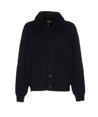 Tom Ford Knitted Cardigan With Back Detail And Pockets In Blue