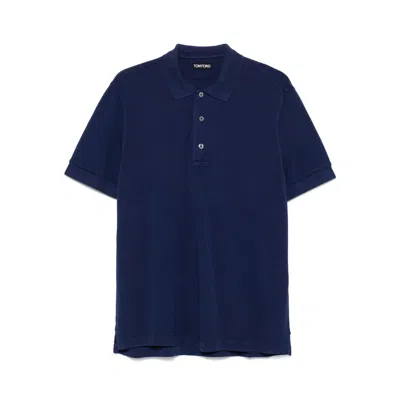Tom Ford Textured Finish Navy Polo With Front Button Placket In Blue