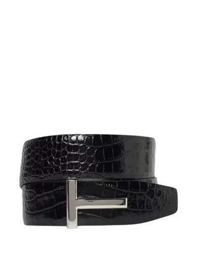 Tom Ford Croc-effect T Buckle Belt With Silver-tone Hardware In Gold