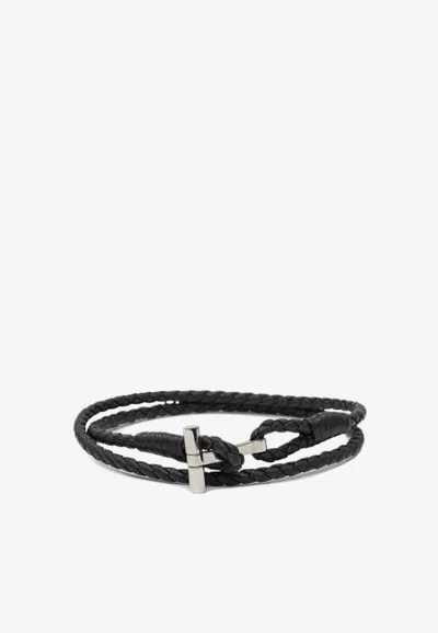 Tom Ford T-bar Braided Leather Bracelet In Black