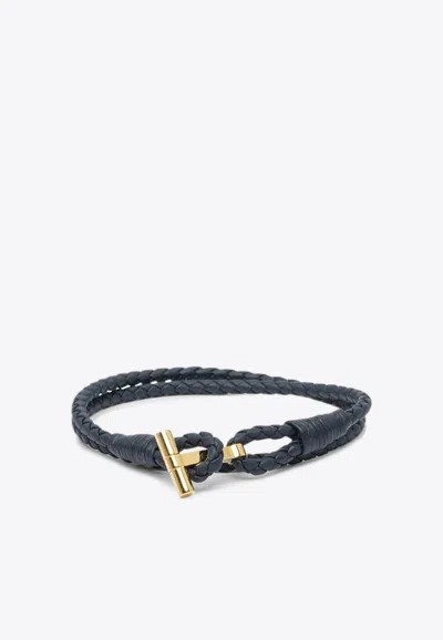 Tom Ford T-bar Braided Leather Bracelet In Blue