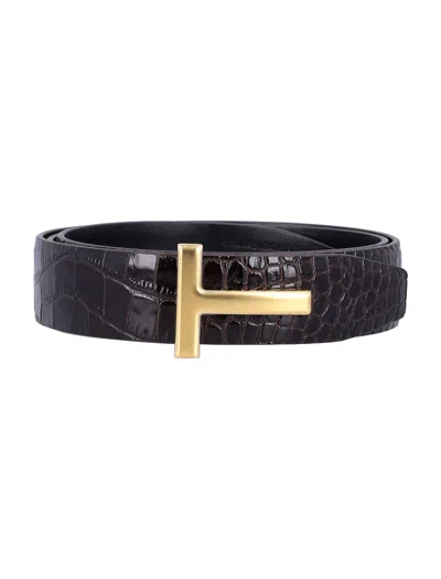 Tom Ford Crocodile Motif Calf Leather T Belt In Black