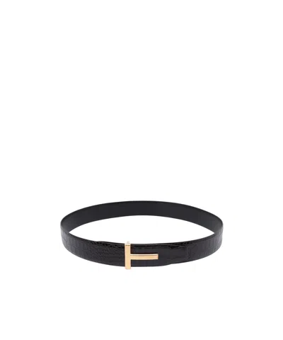 Tom Ford T Icon Reversible Soft Grain Leather Belt In Black