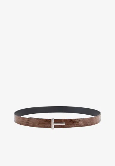 Tom Ford T Buckle Croc-embossed Leather Belt In Brown