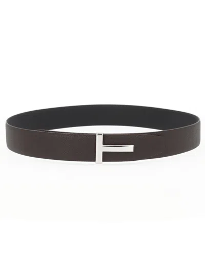 Tom Ford T Buckle Narrow Brown Calf Leather Belt In Black
