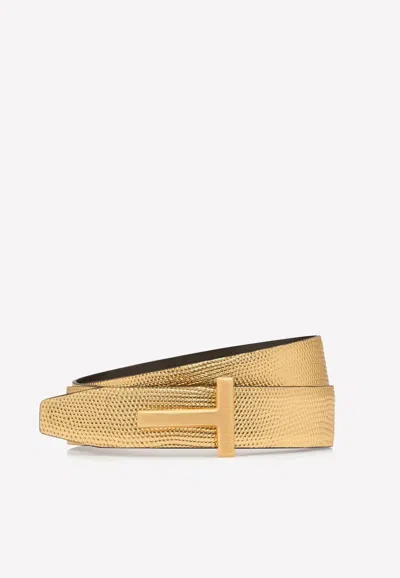 Tom Ford T Buckle Reversible Belt In Metallic Lizard Print In Gold