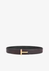 Tom Ford T Buckle Reversible Grained Leather Belt In Blue
