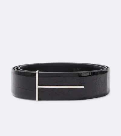 Tom Ford Calf Leather Reversible Slim T Belt In Black