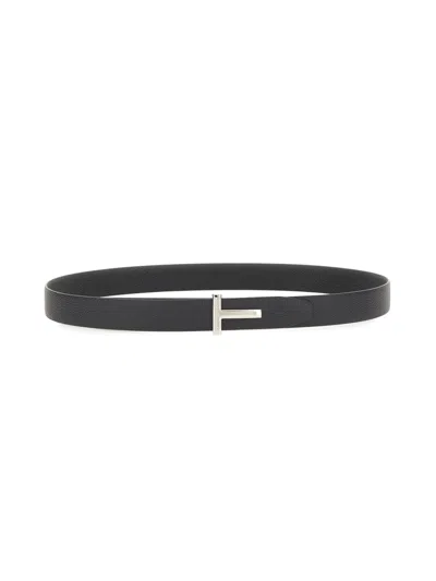 Tom Ford Slim Leather Belt Featuring Metal Buckle In Black