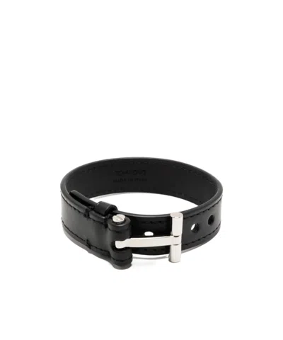 Tom Ford T-hinge Leather Bracelet In Black
