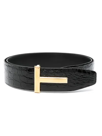 Tom Ford Crocodile Motif Calf Leather T Belt In Black
