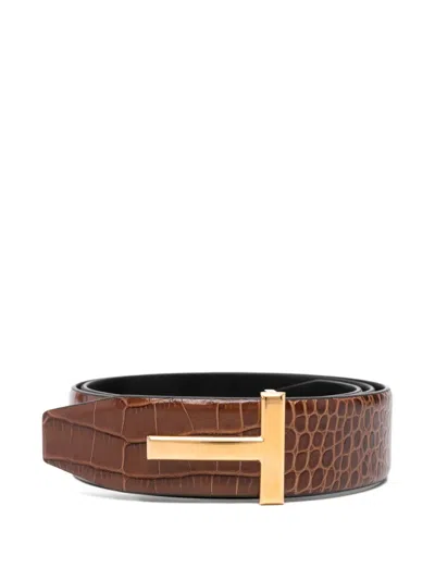 Pre-owned Tom Ford T Icon Embossed Belt In Brown