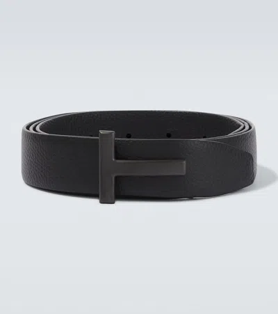 Tom Ford Reversible Grained Leather Belt With Monogram Buckle In Black