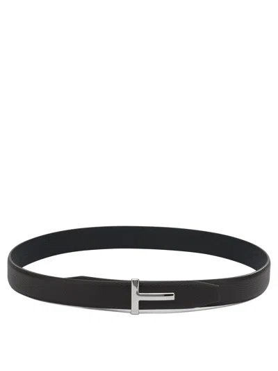 Tom Ford T Icon Reversible Calfskin Belt With Geometric T Buckle In Brown