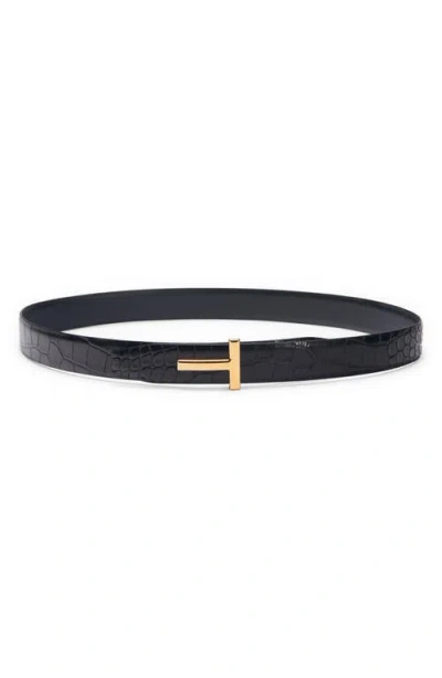 Tom Ford T Icon Reversible Croc Embossed Patent Leather Belt In Black
