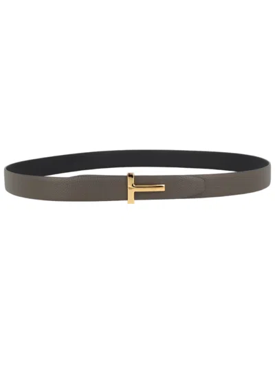 Tom Ford T Icon Textured Calf Leather T Buckle Belt In Brown