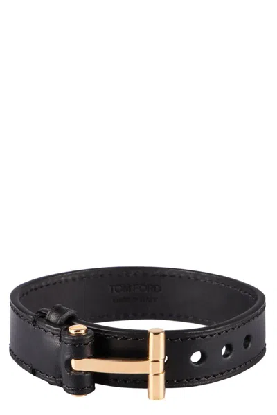 Tom Ford T Leather Bracelet In Black