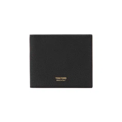 Tom Ford Men Black Bi-fold Wallet With Gold-colored Embossed Logo In Grainy Leather Man