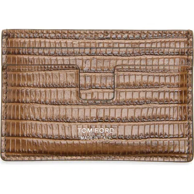 Tom Ford T Line Classic Croc Embossed Card Holder In Brown