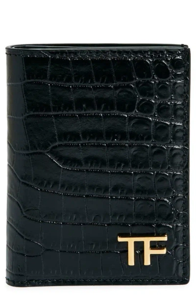 Tom Ford T-line Croc Embossed Leather Bifold Card Case In Brown