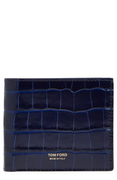 Tom Ford T-line Croc Embossed Leather Bifold Wallet In Royal Blue