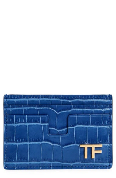 Tom Ford T-line Croc Embossed Leather Card Case In Blue