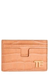 Tom Ford T-line Croc Embossed Leather Card Case In Rose Clay