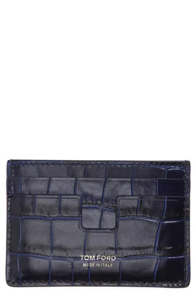 Tom Ford T-line Croc Embossed Leather Card Case In Blue