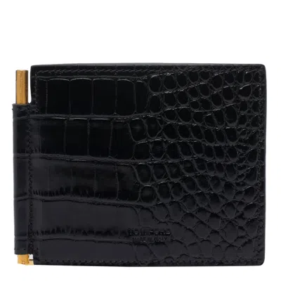 Tom Ford T Line Croco Clip Wallet In Black