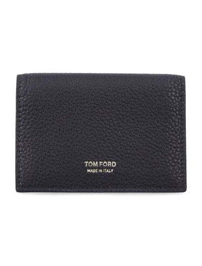 Tom Ford T Line Grain Leather Bifold Wallet With Gold-tone Logo In Nero