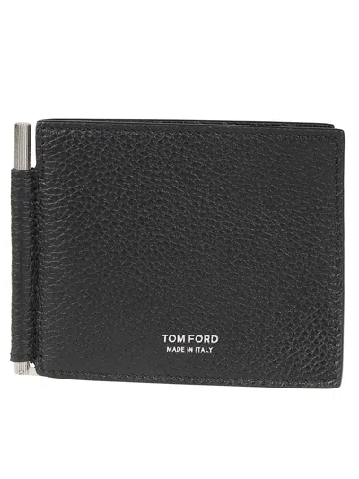 Tom Ford T Line Money Clip Textured Calf Leather Wallet In Black
