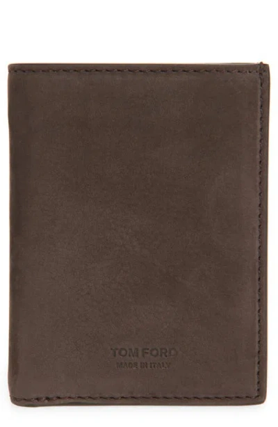 Tom Ford T-line Nubuck Leather Bifold Card Case In 1b076 Deep Umber