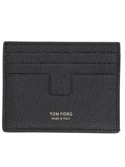 Tom Ford T Line Textured Calf Leather Card Holder In Black