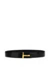 Tom Ford Black Calfskin Leather Belt With Gold T Buckle In Black