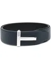 Tom Ford Textured Leather Belt With Distinctive Metallic Buckle In Blau