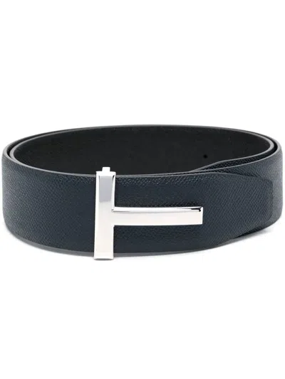 Tom Ford Textured Leather Belt With Distinctive Metallic Buckle In Blue