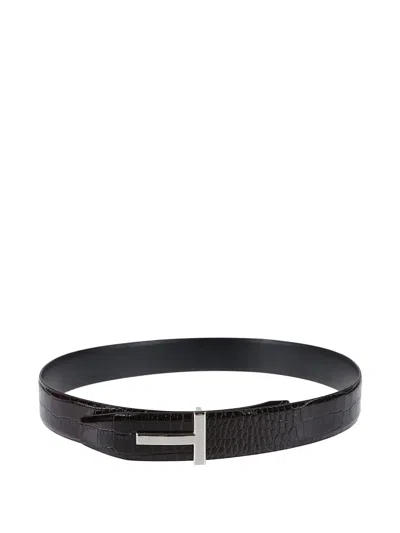 Tom Ford T-logo Crocodile-effect Belt In Black