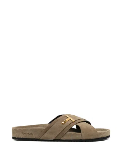 Tom Ford T Logo Crossover Sandals In Gray