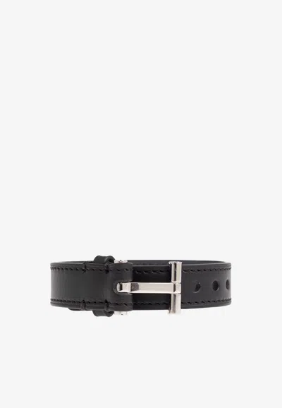 Tom Ford T Logo Leather Bracelet In Black