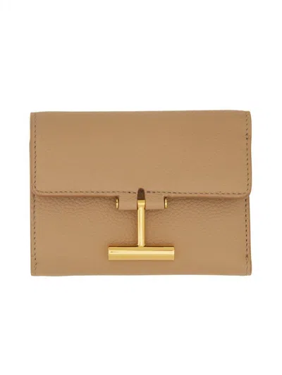 Tom Ford T Logo Plaque Tri-fold Wallet In Beige